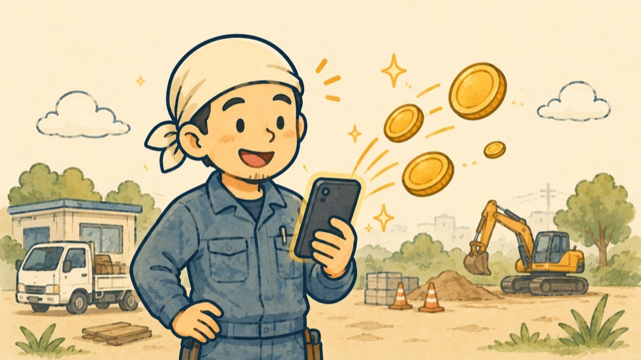 現場でスマホの入金通知を見て安心する職人のイラスト