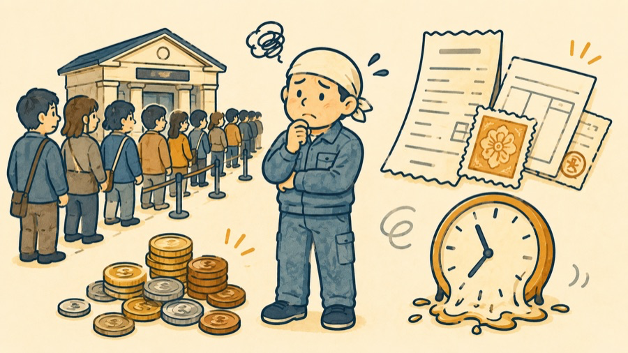 現金商売の見えないコストのイメージ:銀行の行列・小銭の山・収入印紙・溶けていく時計に囲まれて困る職人
