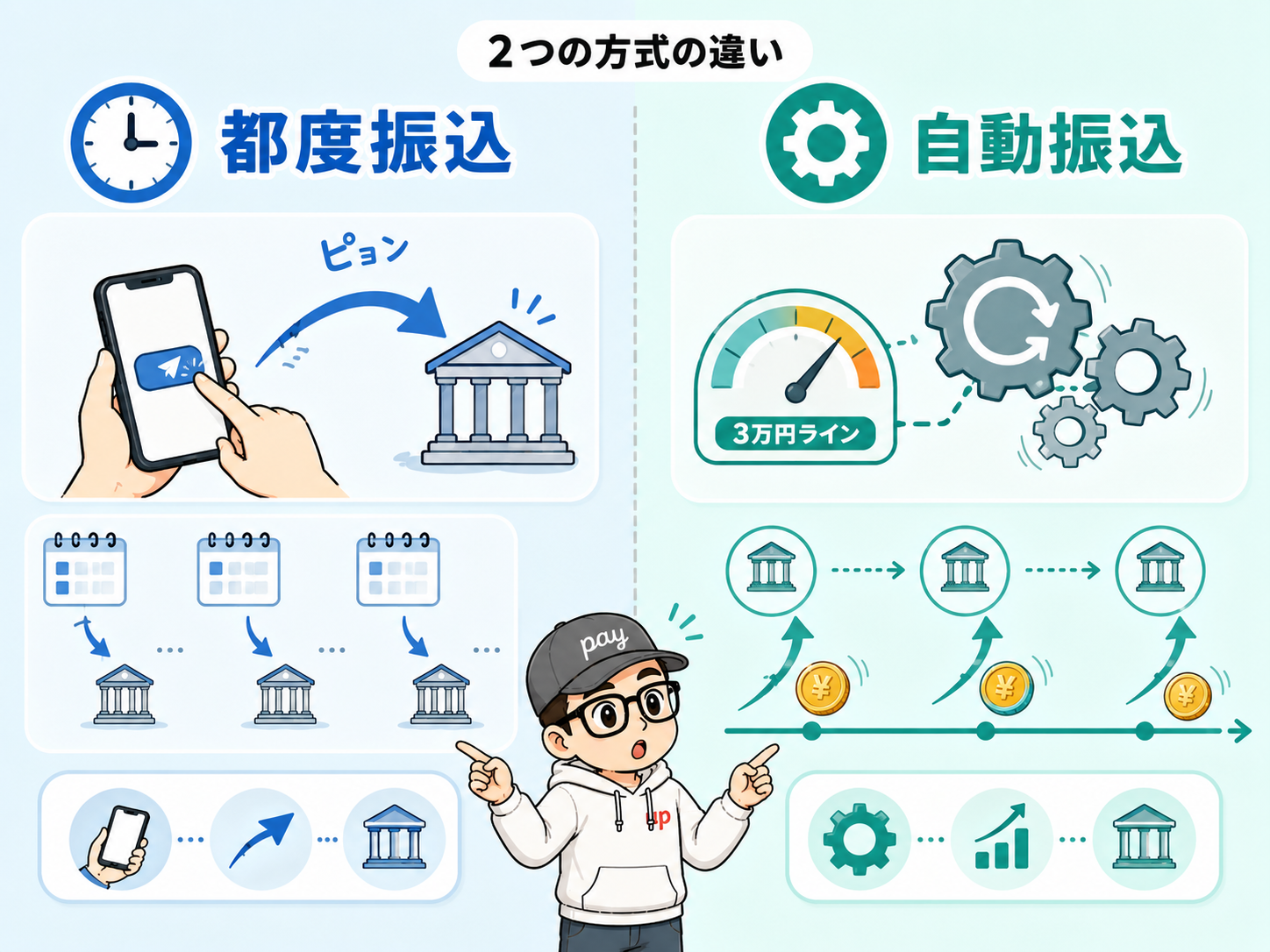 PayPay早期振込サービス|都度振込と自動振込の2方式対比イラスト(左:都度=スマホで申請するイメージ/右:自動=しきい値超えで自動振込)