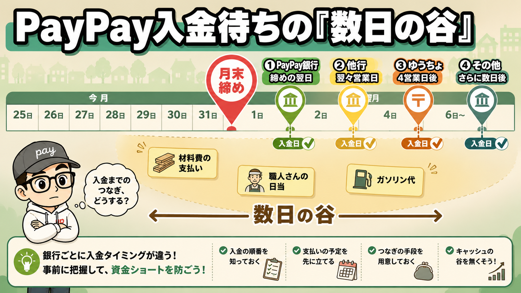 PayPay入金待ちの数日の谷｜月末締めから振込先銀行別の入金日を可視化したタイムライン