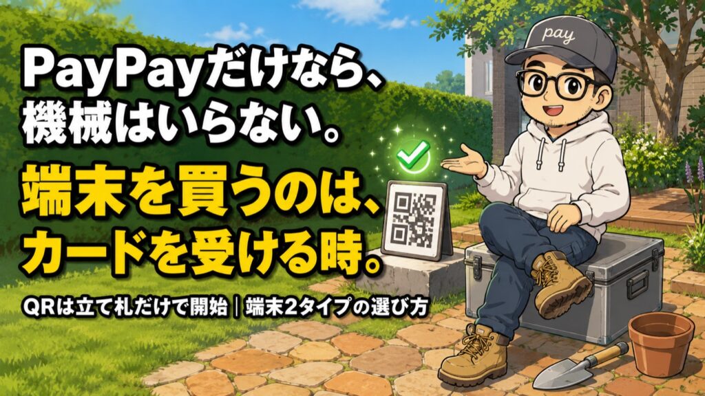 PayPayだけなら機械はいらない。端末を買うのはカードを受ける時。QRは立て札だけで開始、端末2タイプの選び方を解説する記事のアイキャッチ