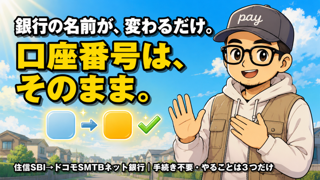 青空の下で手のひらを見せて安心を伝えるゆうペイ。銀行の名前が、変わるだけ。口座番号は、そのまま。