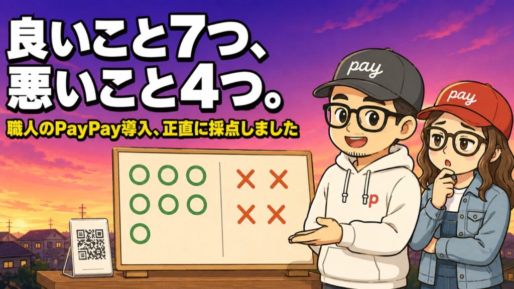 PayPay導入のメリット7つとデメリット4つを採点ボードで示すゆうペイとペイ子