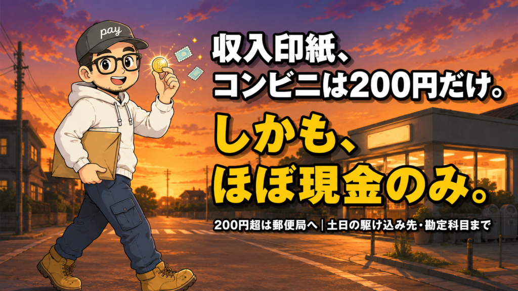 夕暮れの街角でコインをつまんで見せるゆうペイ。収入印紙、コンビニは200円だけ。しかも、ほぼ現金のみ。