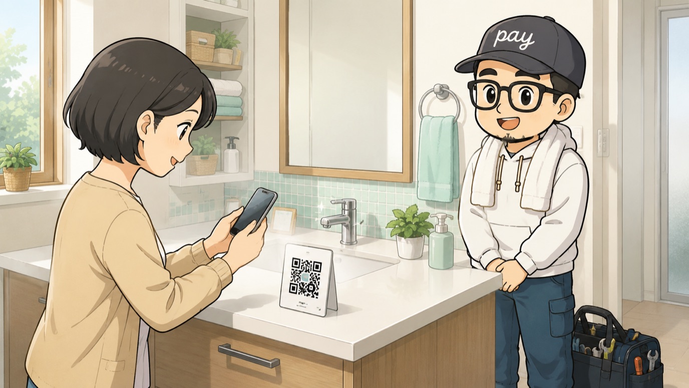 水回りの修理後、洗面台の卓上QRコードをお客様がスマホで読み取り、職人がにこやかに立ち会う現場