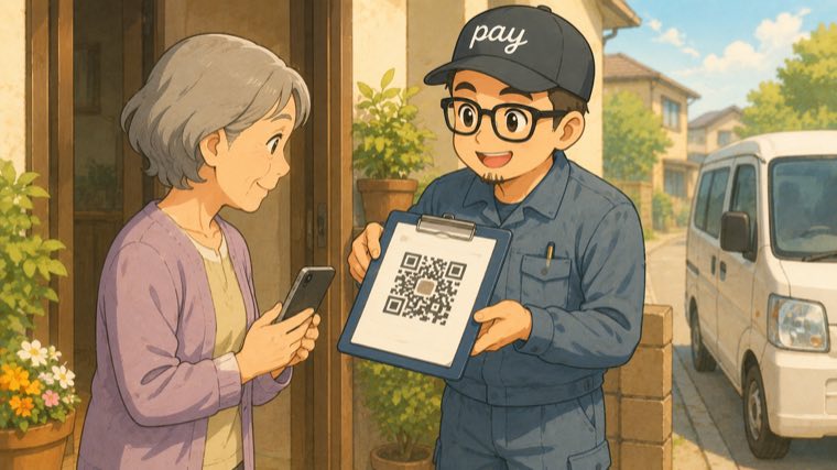 玄関先でお客様にQRコードを提示して案内する職人のイメージ