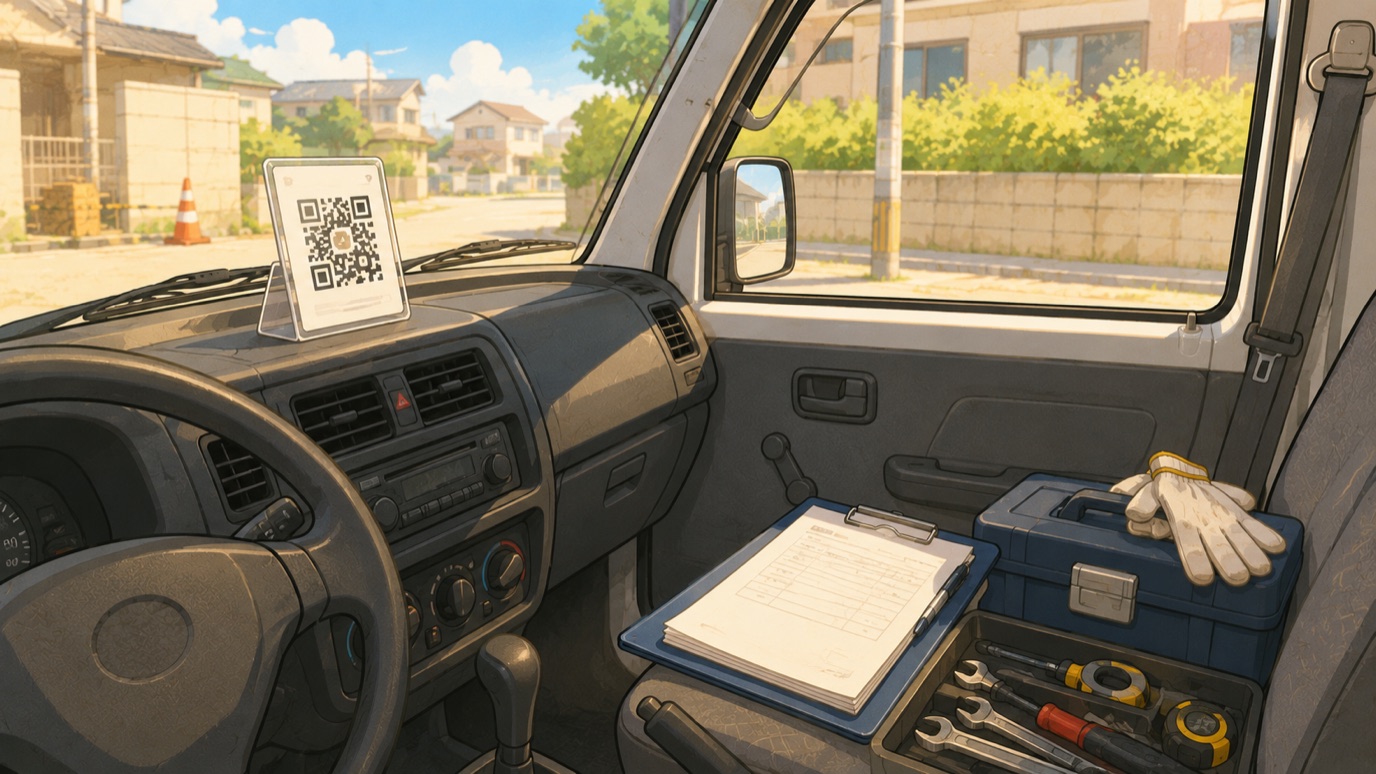 作業車のダッシュボードに固定したQRコードスタンドの定位置イメージ(バインダーと工具箱も車内に常備)