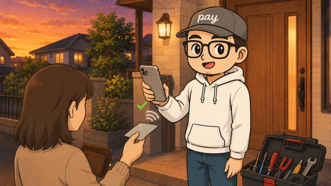 夕暮れの玄関先で、職人がお客様のカードにiPhoneをかざしてタッチ決済を受けているイラスト
