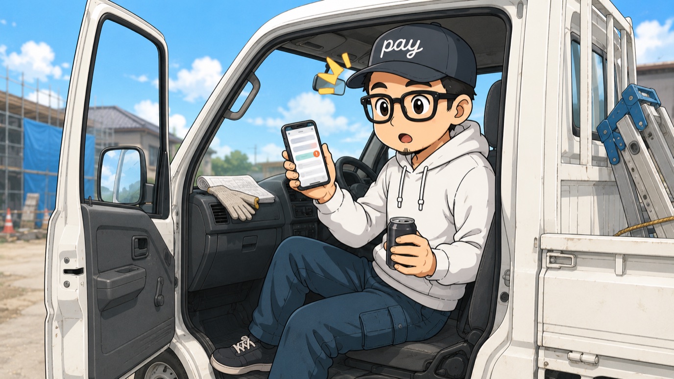 昼休憩中に軽トラの運転席でスマホの管理画面を見てハッと気づく職人のイラスト