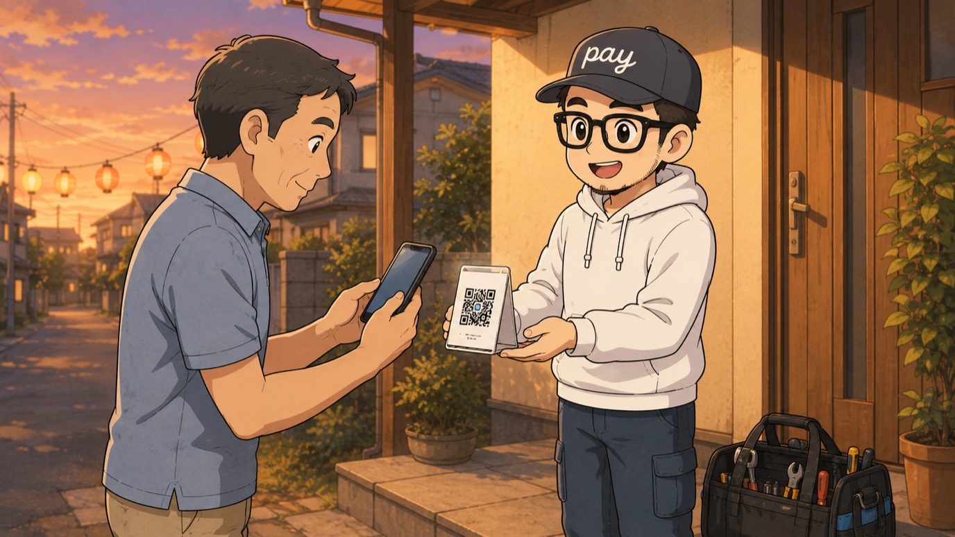 夏の夕方、現場の軒先でお客さんがスマホを手に、職人が差し出すQRコードスタンドで支払いをするイラスト
