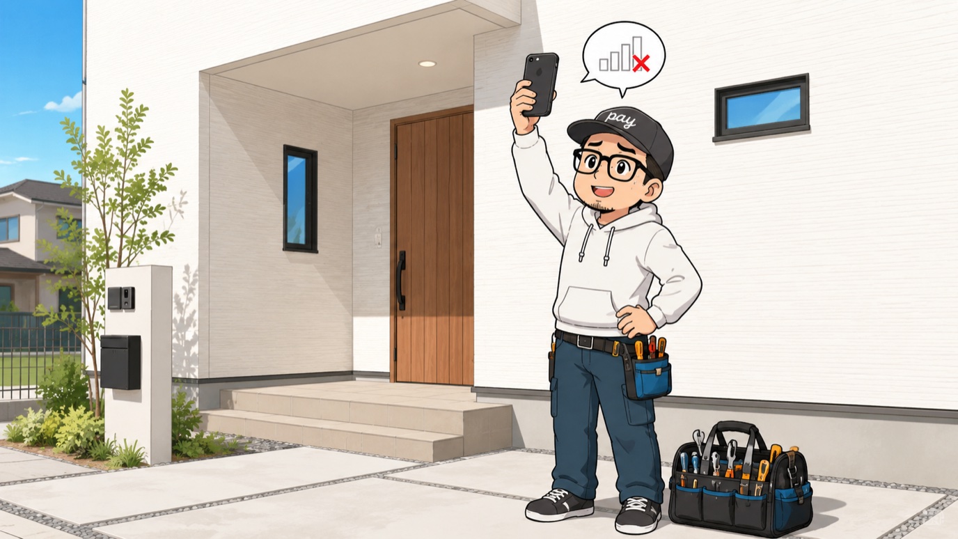 新築住宅の玄関先でスマホを頭上にかざして電波を探す職人のイラスト