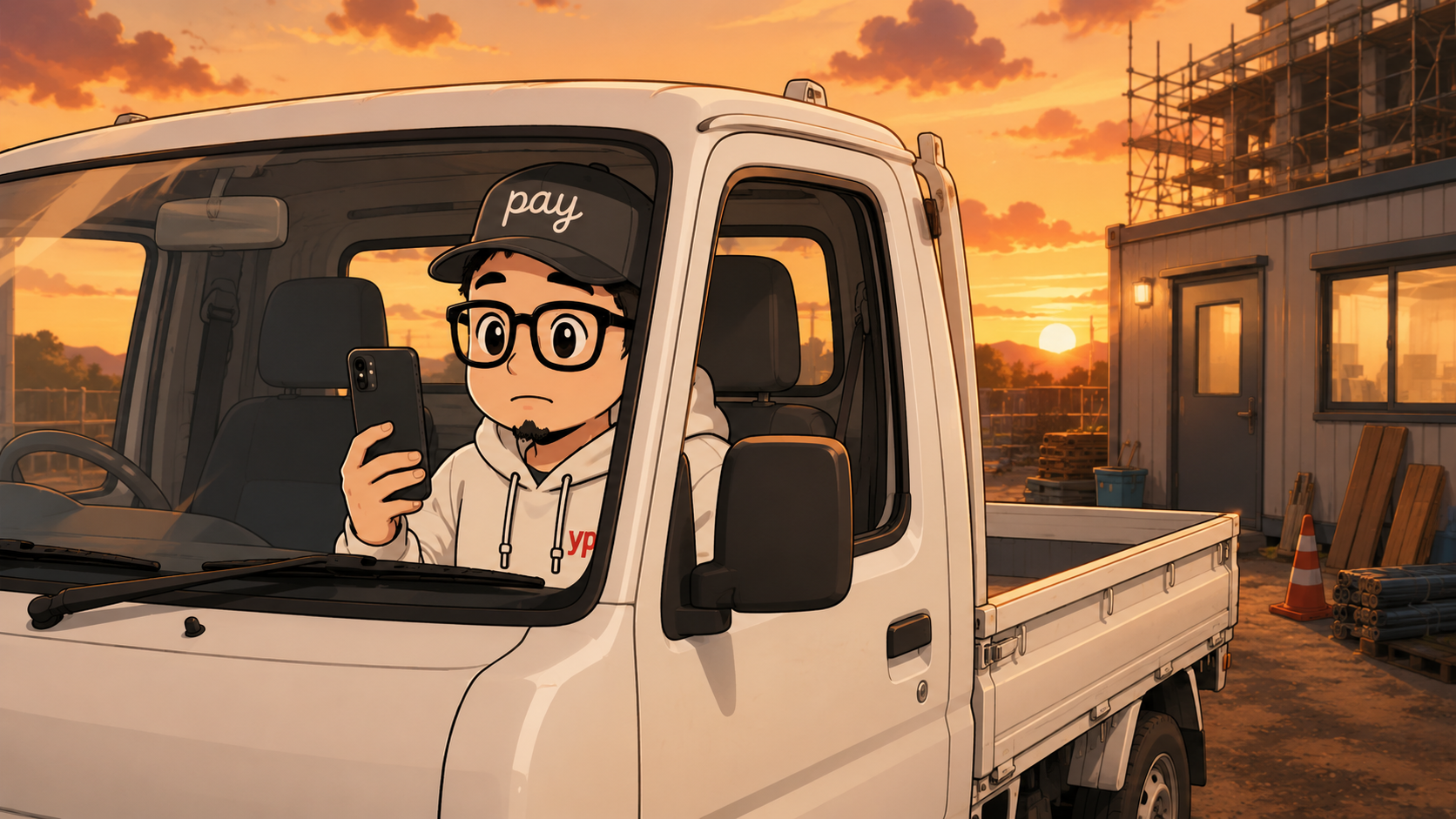 夕方の建設現場、軽トラックの運転席で元請けからの連絡をスマホで見る一人親方のイラスト