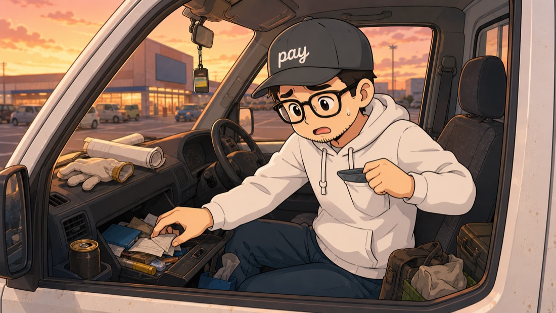 夕方の駐車場で軽トラックの運転席に座り、レシートが見つからず困っている職人のイラスト