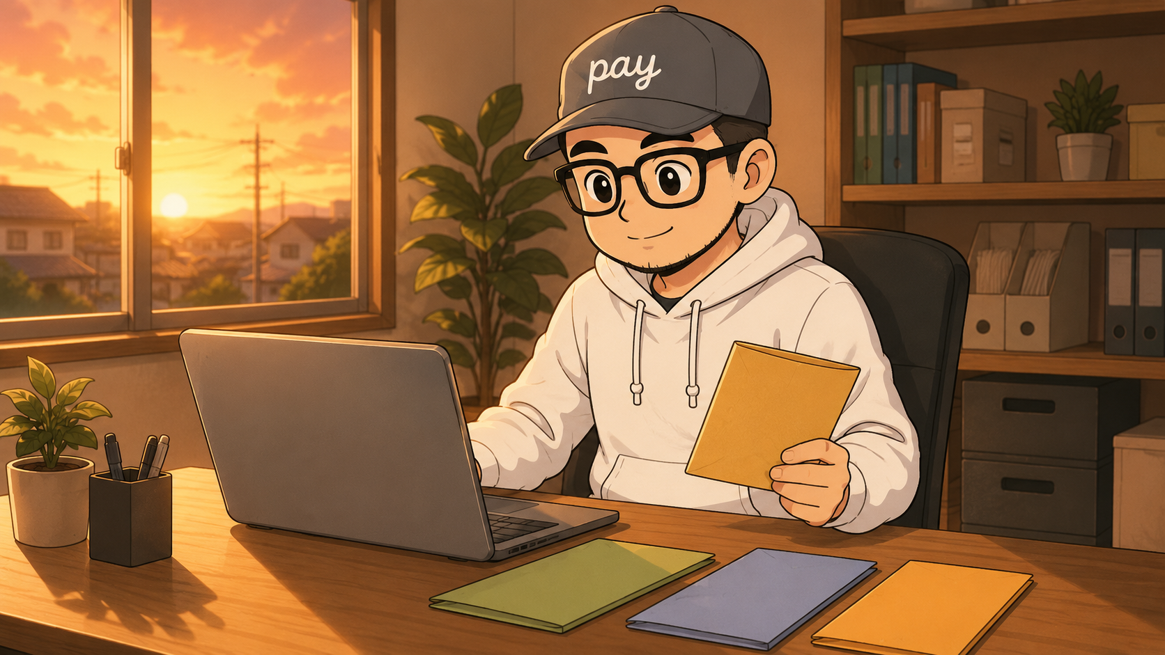 夕方の事務所デスクでノートPCを見ながら色分けした封筒でお金を仕分けるゆうペイ。目的別口座のイメージ