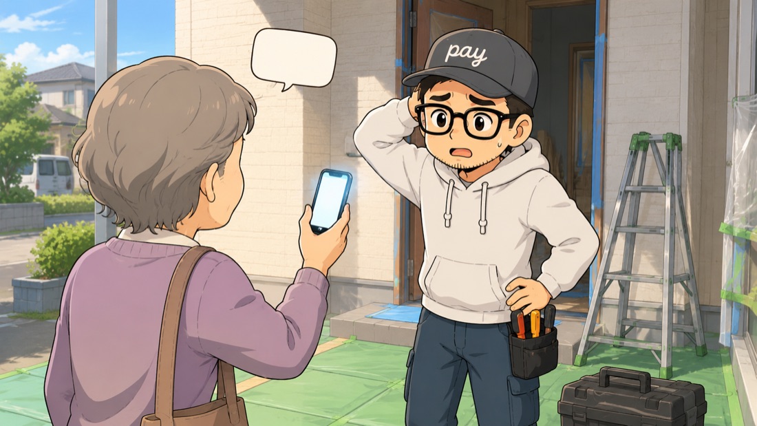 リフォーム現場の玄関先で、お客様がスマホを見せながら領収書について尋ね、職人が少し戸惑っているイラスト
