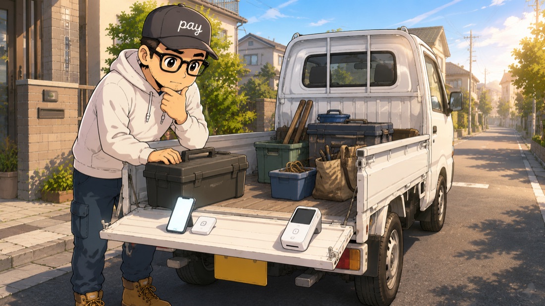 朝の自宅前で軽トラックの荷台に、スマホと小型カードリーダーのセットと1台完結型の決済端末を並べて見比べている職人のイラスト
