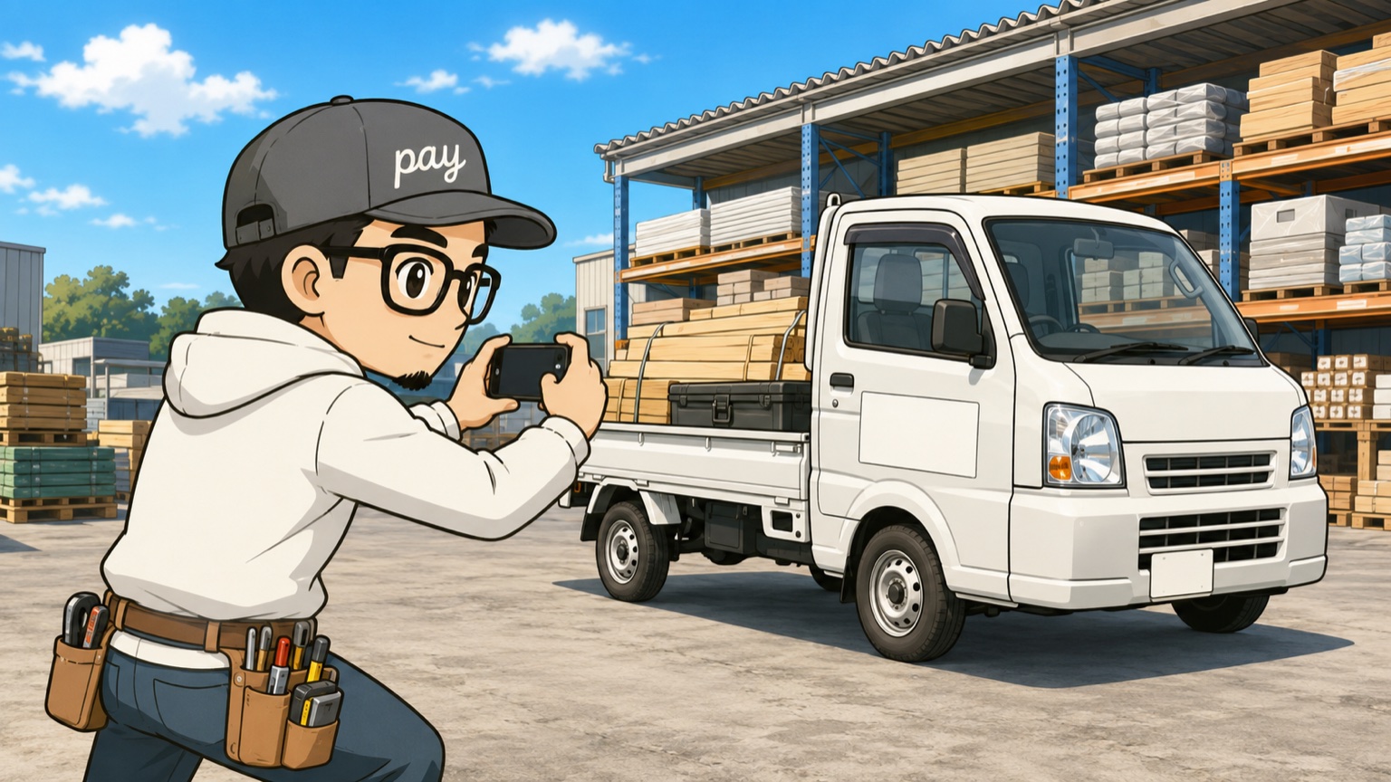 審査用に事業実態がわかる写真として自分の軽トラックを撮影する職人のイラスト