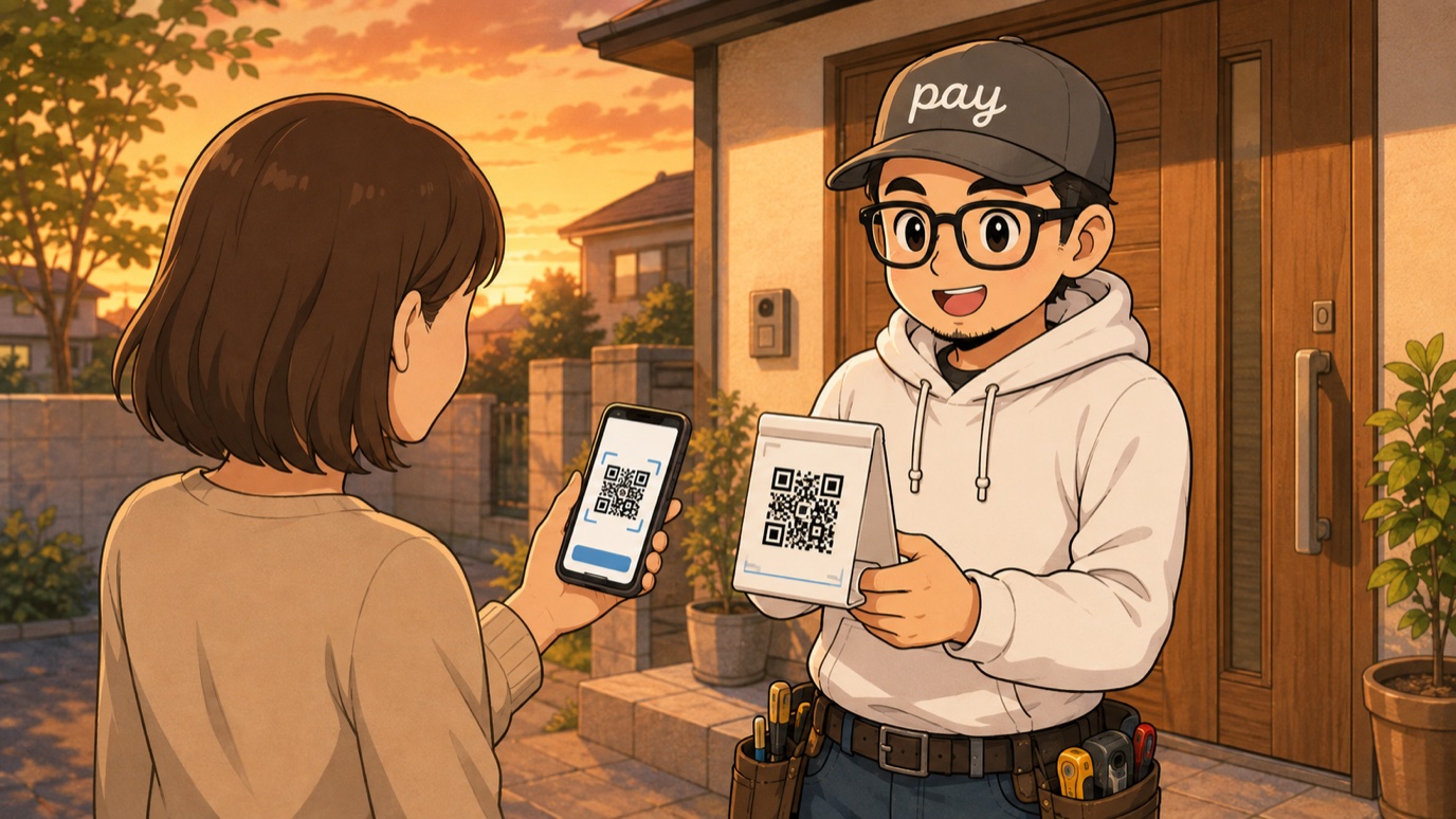 夕方の玄関先でお客さんがスマホのQRコード決済で支払い、職人が掲示QRスタンドを差し出しているイラスト