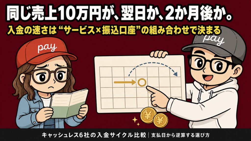 キャッシュレス決済の入金サイクル比較のアイキャッチ。同じ売上10万円が翌日か2か月後か、サービスと振込口座の組み合わせで決まることを示すイラスト