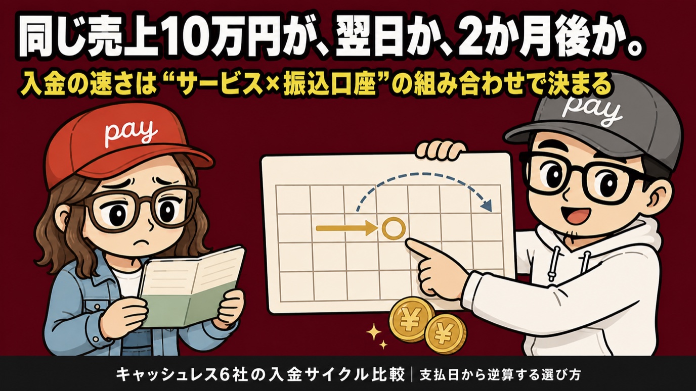 キャッシュレス決済の入金サイクル比較のアイキャッチ。同じ売上10万円が翌日か2か月後か、サービスと振込口座の組み合わせで決まることを示すイラスト