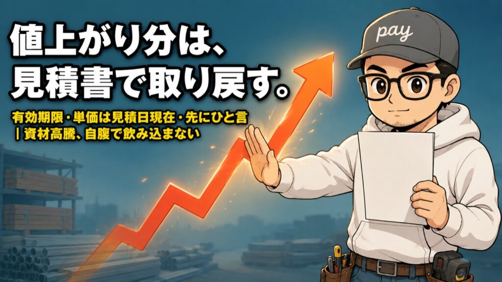 資材置き場で見積書を手に朱色の上昇矢印を押しとどめるゆうペイ。値上がり分は、見積書で取り戻す。