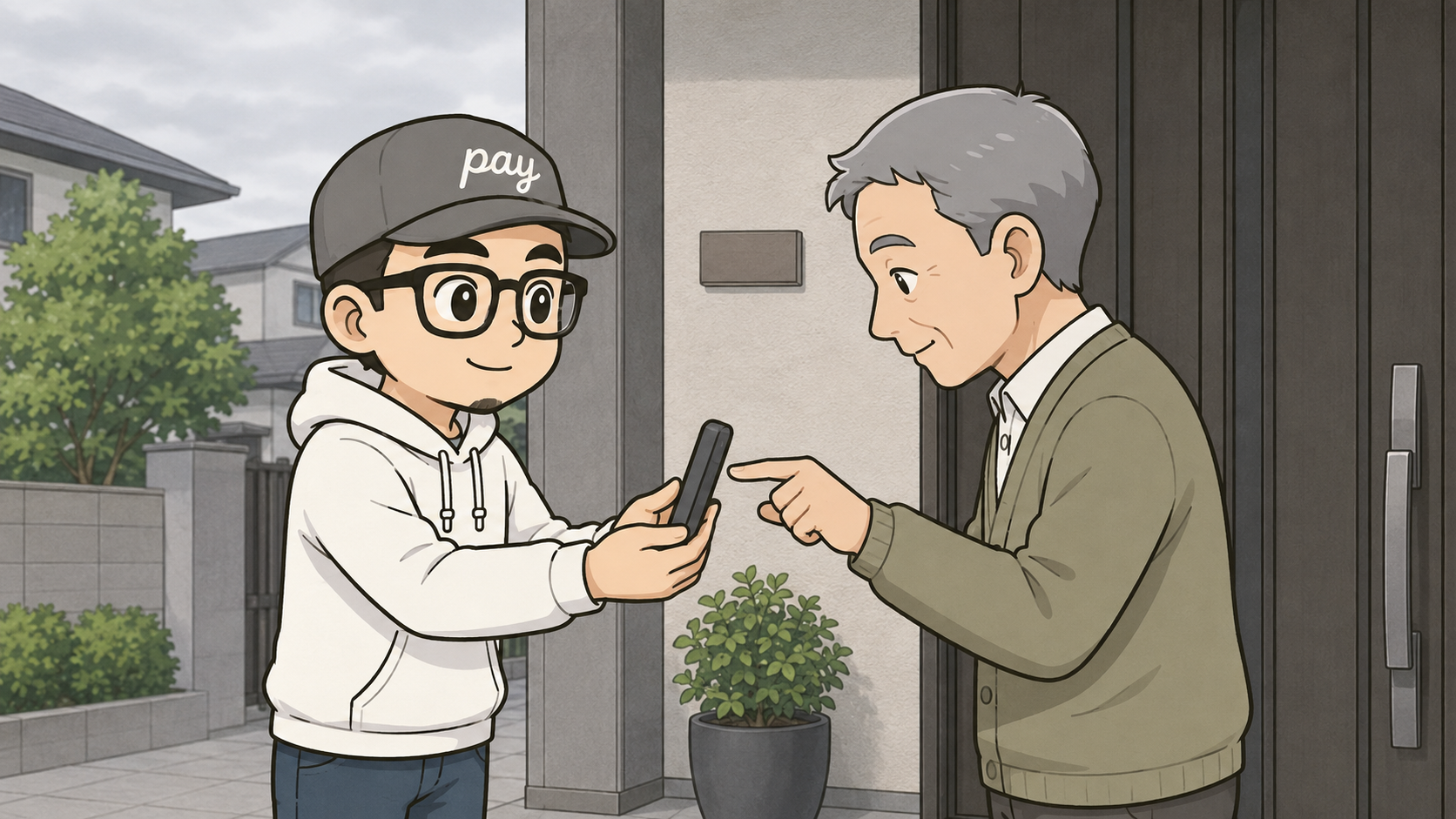 玄関先で、施主が職人の持つiPhoneの画面に指でサインをしている場面