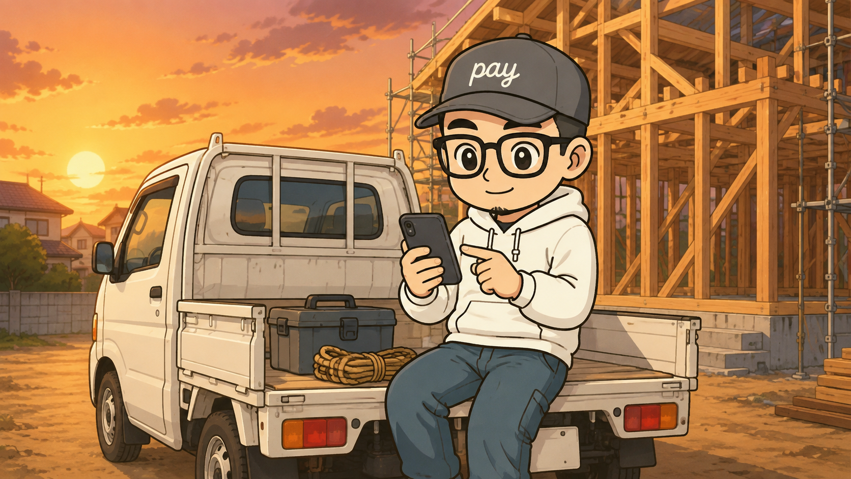 夕方の現場で軽トラックの荷台に腰かけ、スマホの電卓で手数料を計算している一人親方