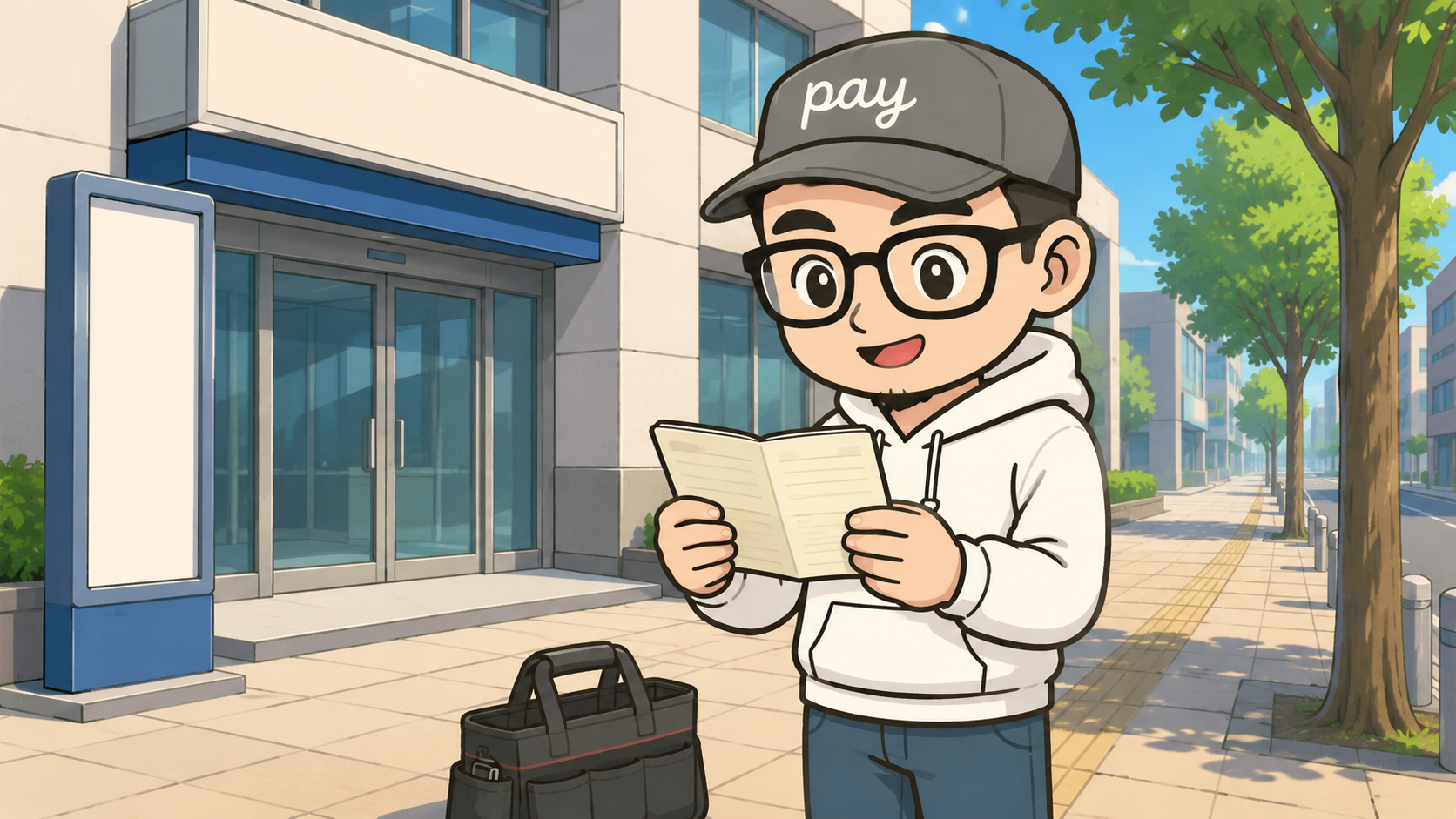 銀行の前で通帳を見て、ほっとした表情の一人親方