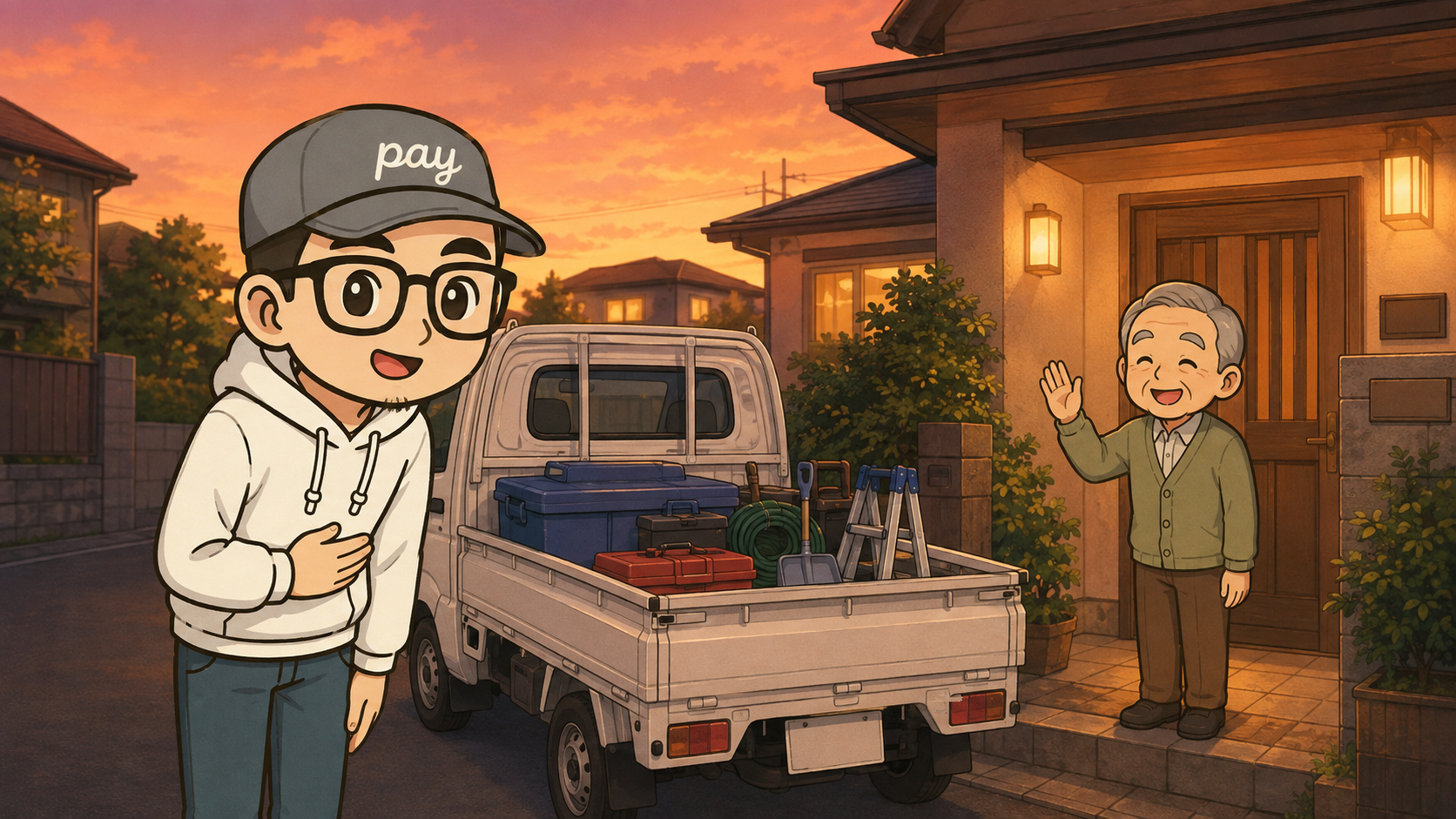 夕暮れの住宅街で、片付けを終えた一人親方が玄関先のお客様に会釈している場面