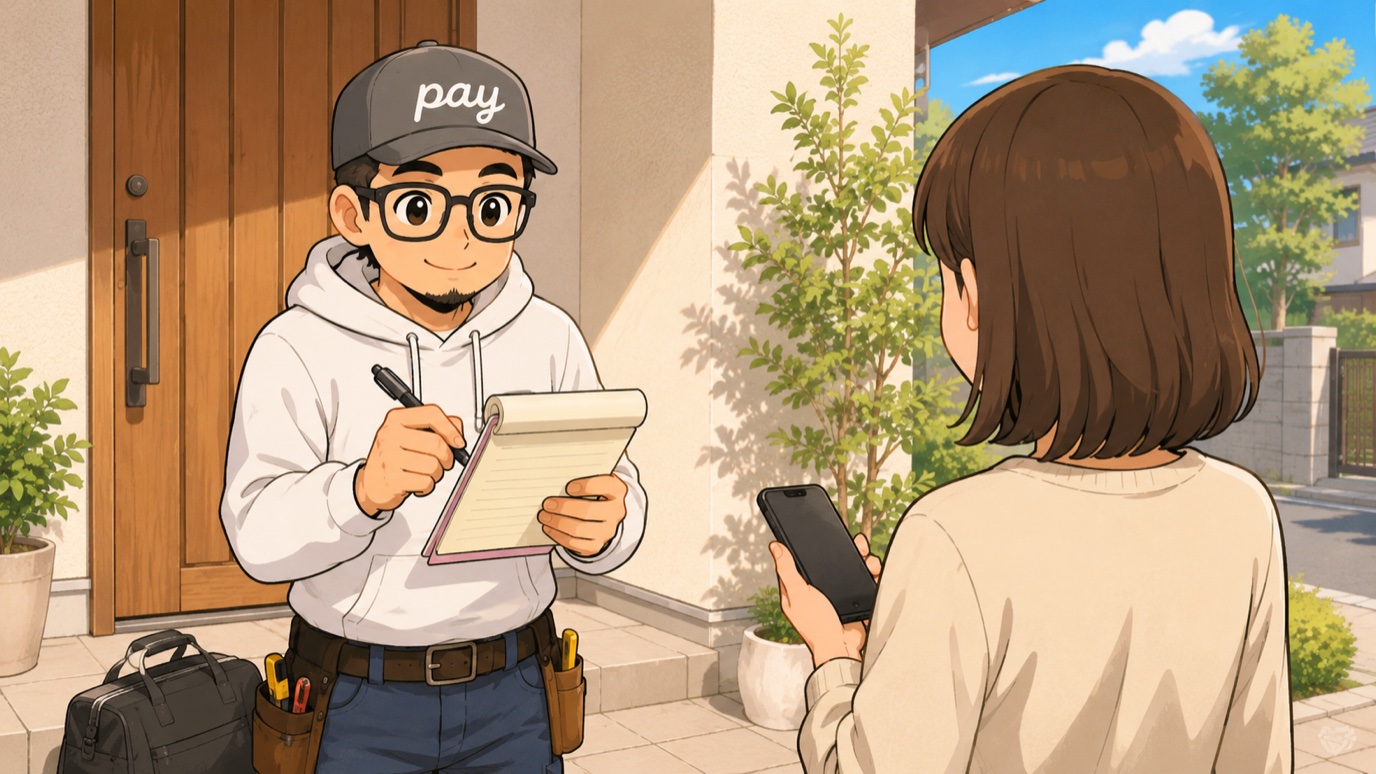 昼の住宅玄関先で複写式領収書に但し書きを書き込むゆうペイと、スマホを手に待つお客さん