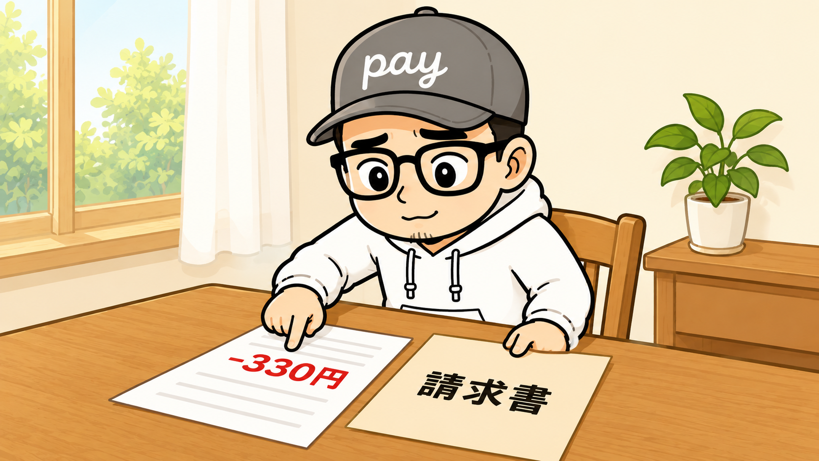 入金明細の−330円を指さして、請求書と見比べる一人親方