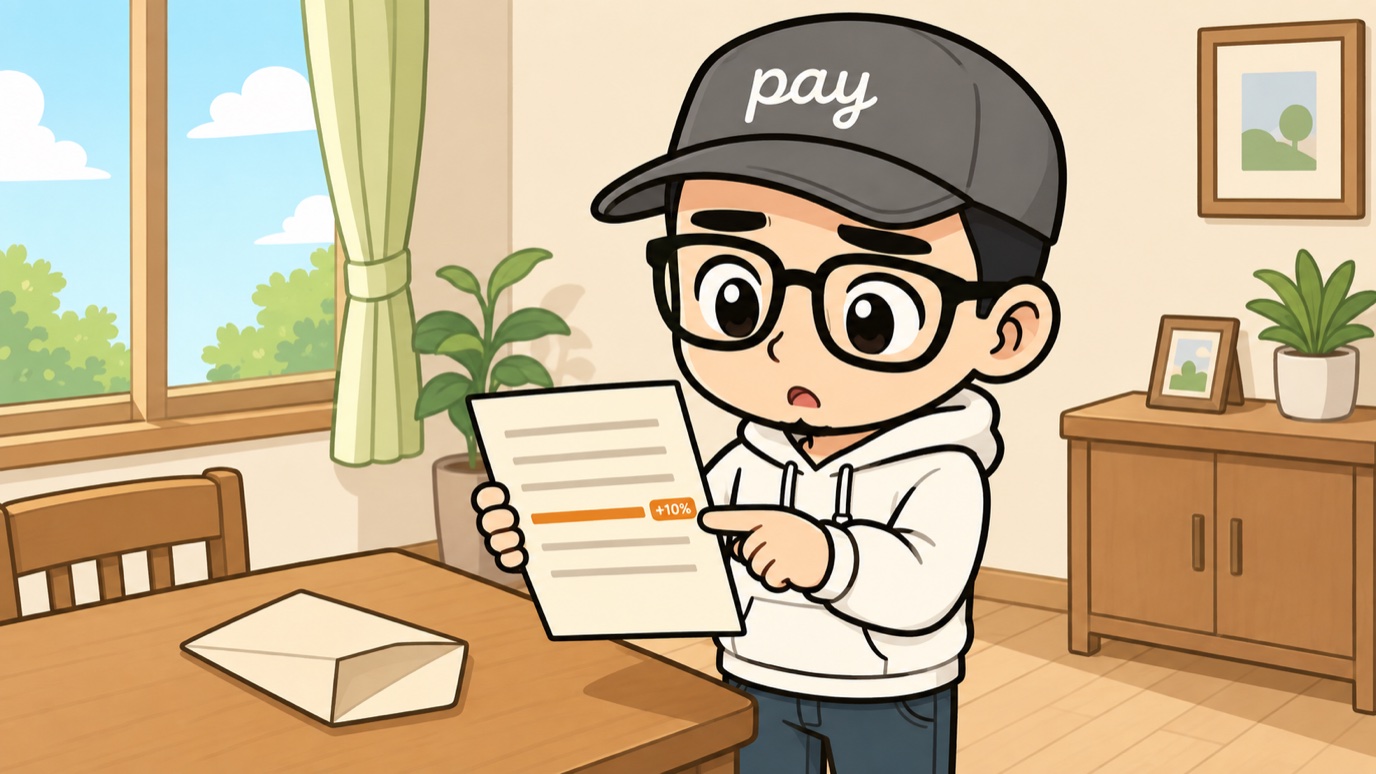 月次明細の消費税+10%が付いた手数料の行と、何も付いていない非課税の行を指差しで見比べて首をかしげる職人