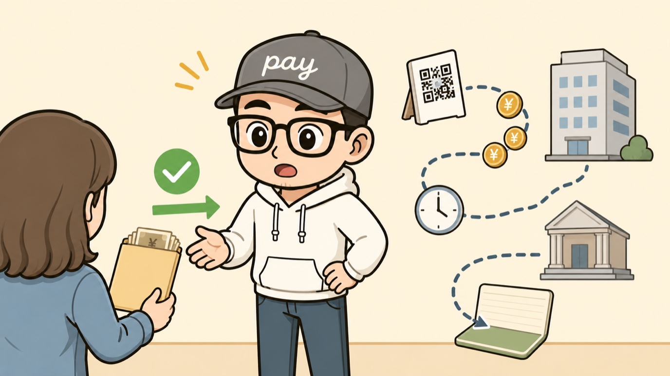 現金の手渡しはその場で終わり、キャッシュレスは決済会社を経由して口座に入るまで待ち時間があることを示す対比イラスト