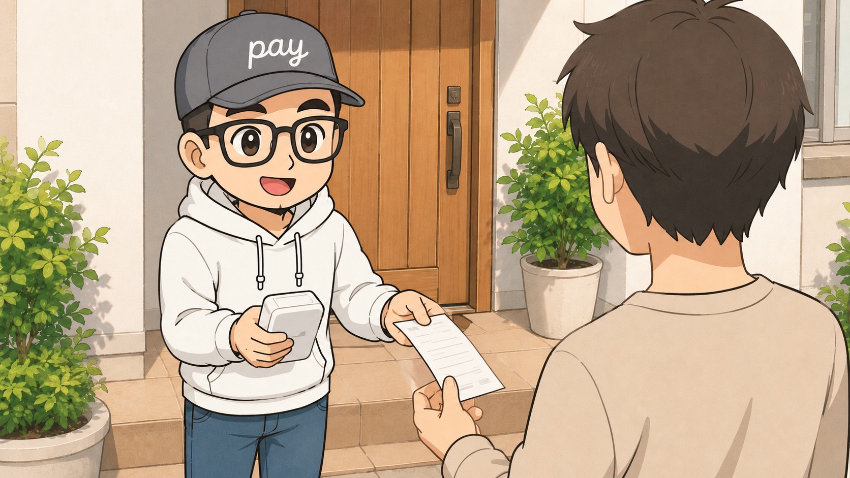 午前の玄関先で決済端末から出たレシートをお客さんに手渡すゆうペイ