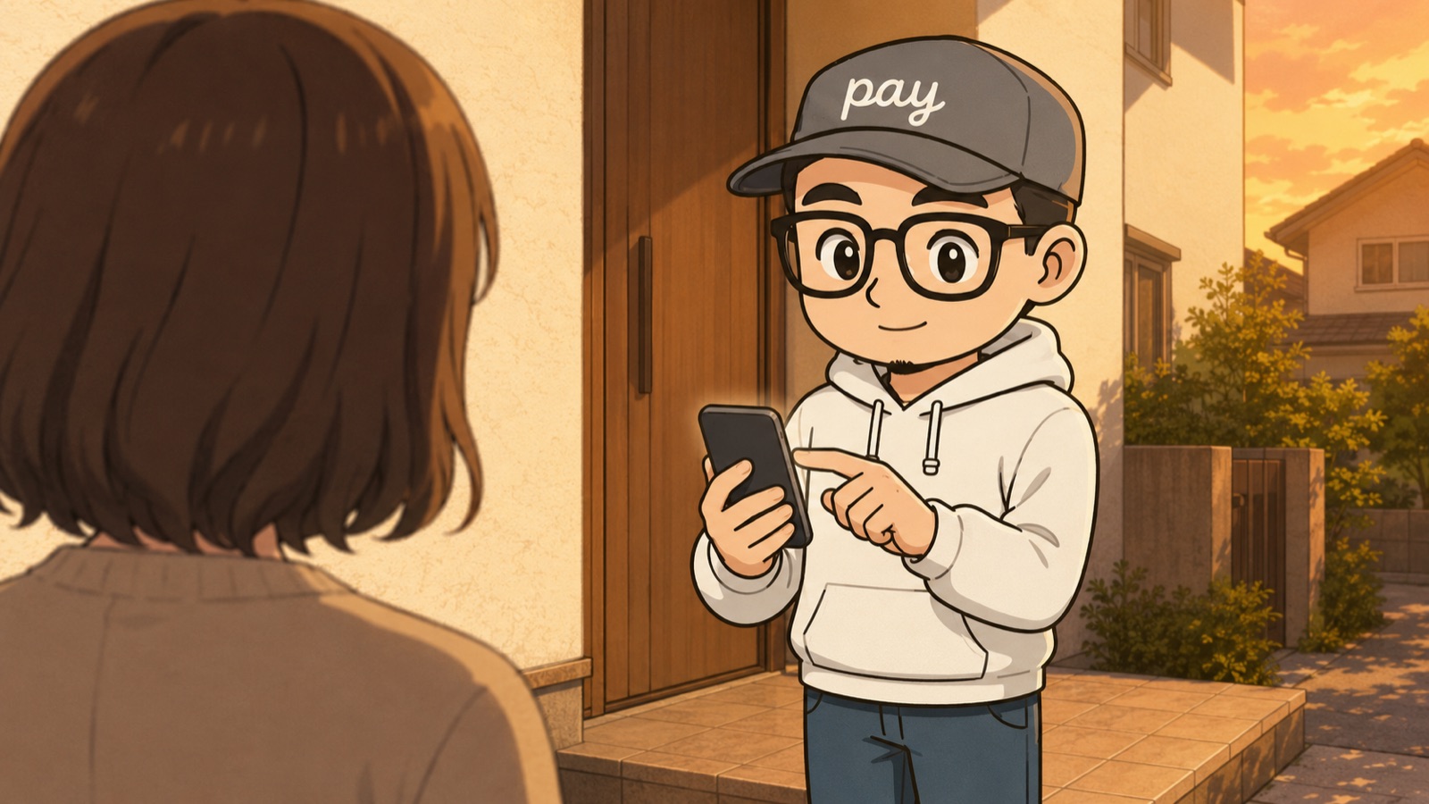 夕方の玄関先でお客さんに電子レシートを送るゆうペイ