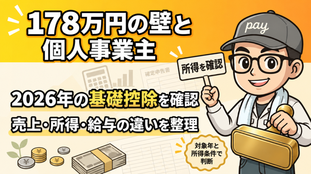 178万円の壁と個人事業主。2026年の基礎控除、売上・所得・給与の違いと対象年・所得条件を確認する案内