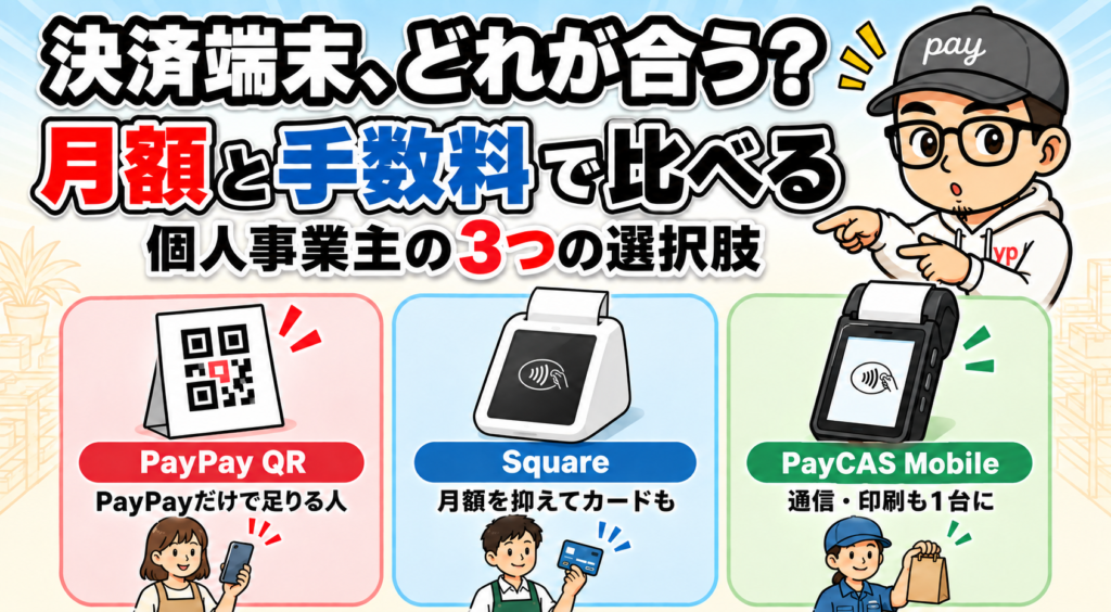 PayPay QR、Square、PayCAS Mobileを月額と手数料、通信・印刷機能で比較する案内