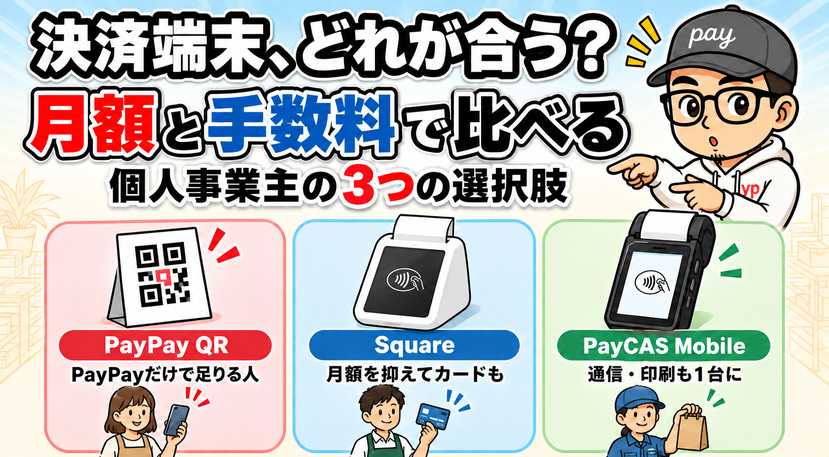 PayPay QR、Square、PayCAS Mobileを月額と手数料、通信・印刷機能で比較する案内