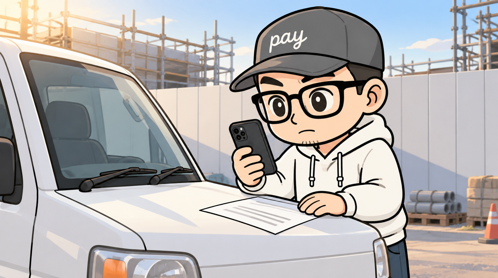 朝の現場の駐車場で、軽トラのボンネットに請求書を広げて通帳アプリの画面と見比べる一人親方