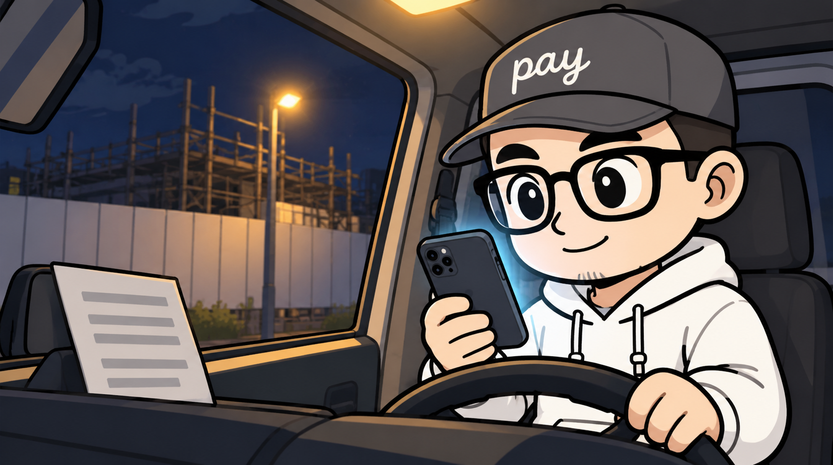 夜、現場に停めた軽トラの運転席で、ダッシュボードの注文書とスマホを見ながらラボルの申請準備をする一人親方