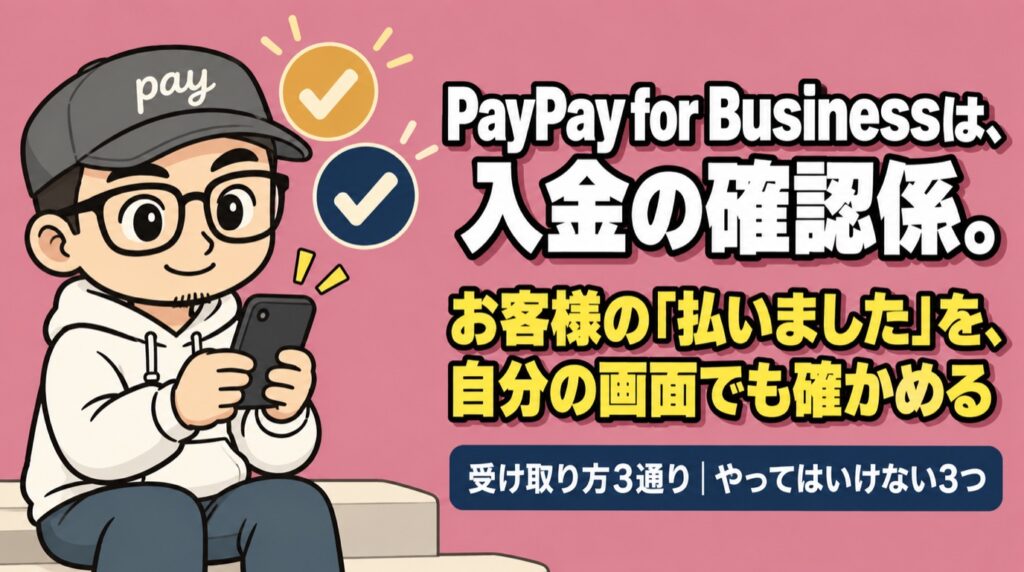 PayPay for Businessは入金の確認係。石段に腰かけた職人がスマホで入金を確かめてほっとしている表紙イラスト