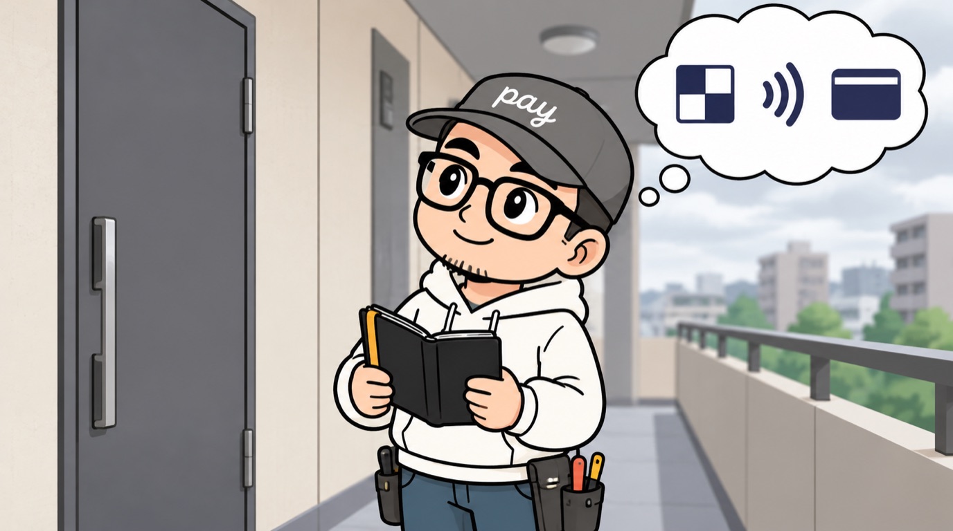マンションの外廊下で手帳を持ち、お客様の払い方(QR・かざす・カード)を考えるゆうペイ