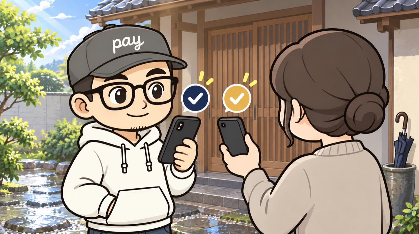 雨上がりの玄関先で、職人がお客様のスマホの支払い完了画面と自分のスマホのアプリを見比べて確かめている様子